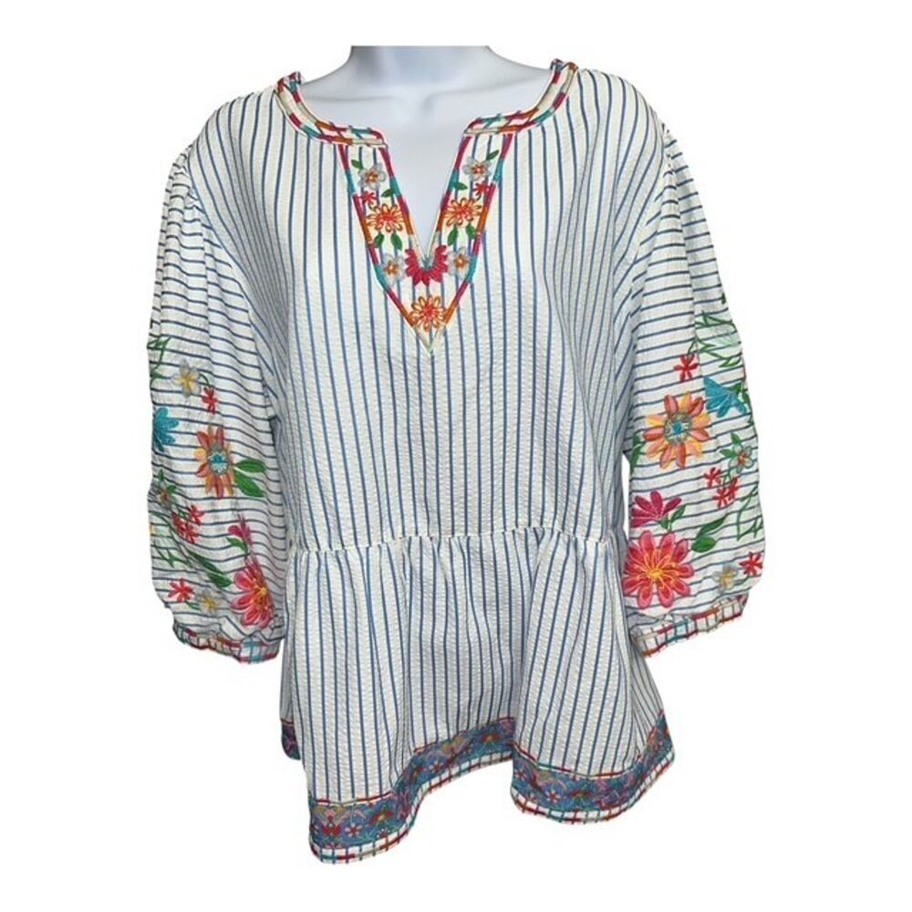 John Mark 1X Top BOHO Blue Striped Embroidered Floral Flare Bottom 3/4 Sleeves